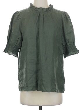 J. Crew Linen Olive Green Ruffle Neck Short Sleeve Blouse